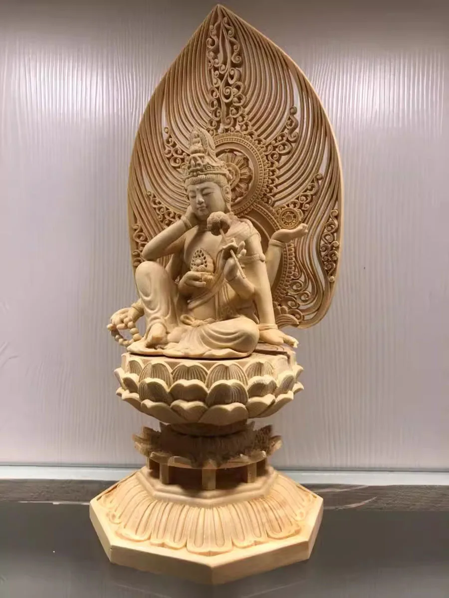 Solid Wood Carving Ruyi Six-armed Guanyin Bodhisattva Statue,Wooden Hand-carved Buddha Statue, Chinese Home Feng Shui Statue,