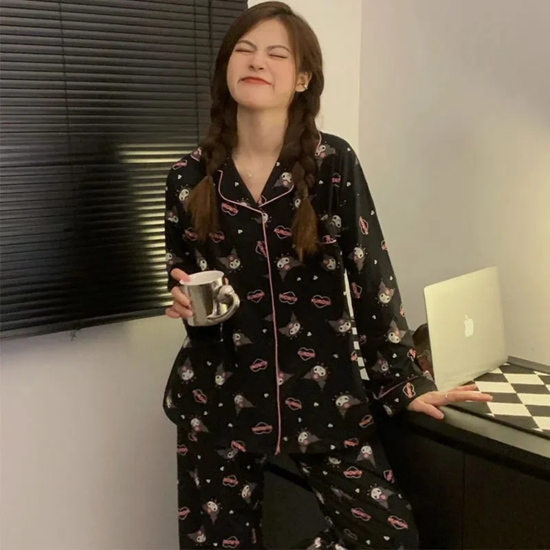 Women Pajamas Set Women Pajama Suit Cotton Pajamas Set Sanrio Cartoon Anime Kuromi Nightwear Women's Autumn Cute Long Sleeve Collar Cardigan Comfortable Home Clothes Set
