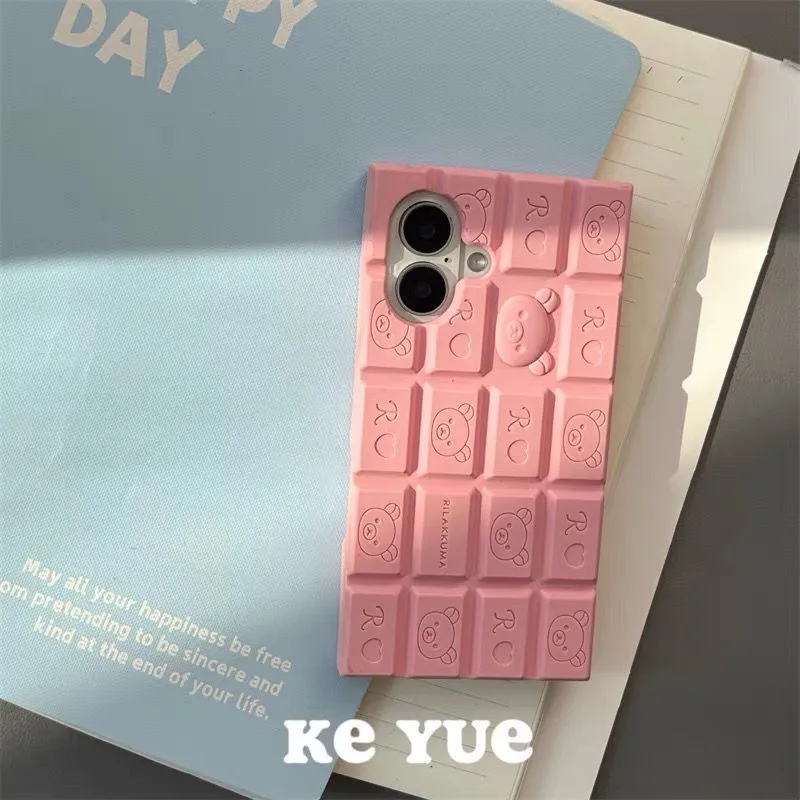 For iPhone 15 14 13 12 Pro Max 11 16 Pro Max Chocolate Rilakkuma Bear 3D Cartoon Phone Case Funny Soft Silicone Cover 5