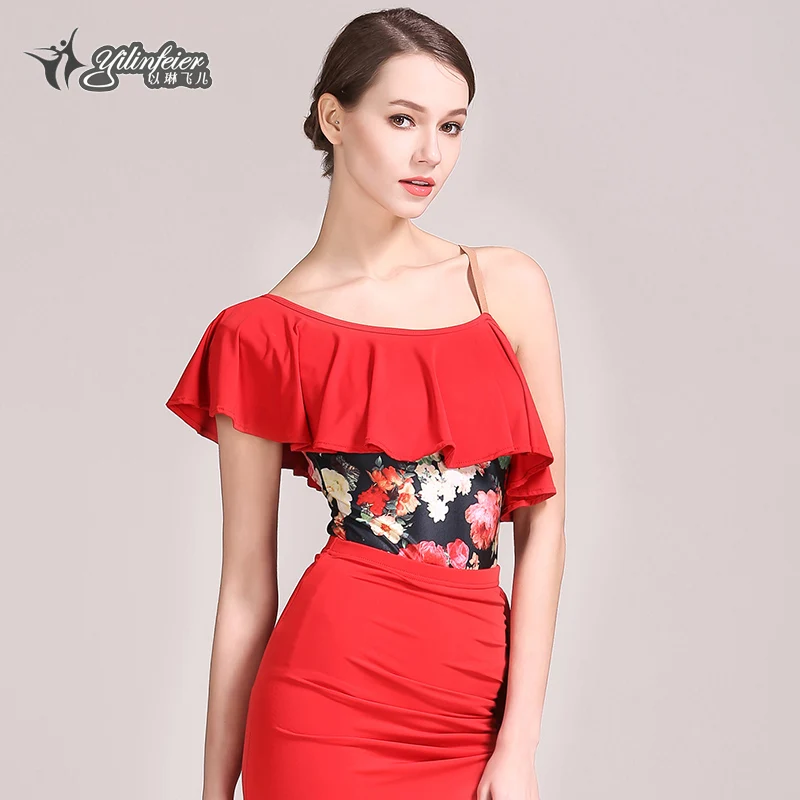 

Adult Latin Dance Attire With Sloping Shoulder Ruffle Top Professional Jumpsuit Ballet Suit