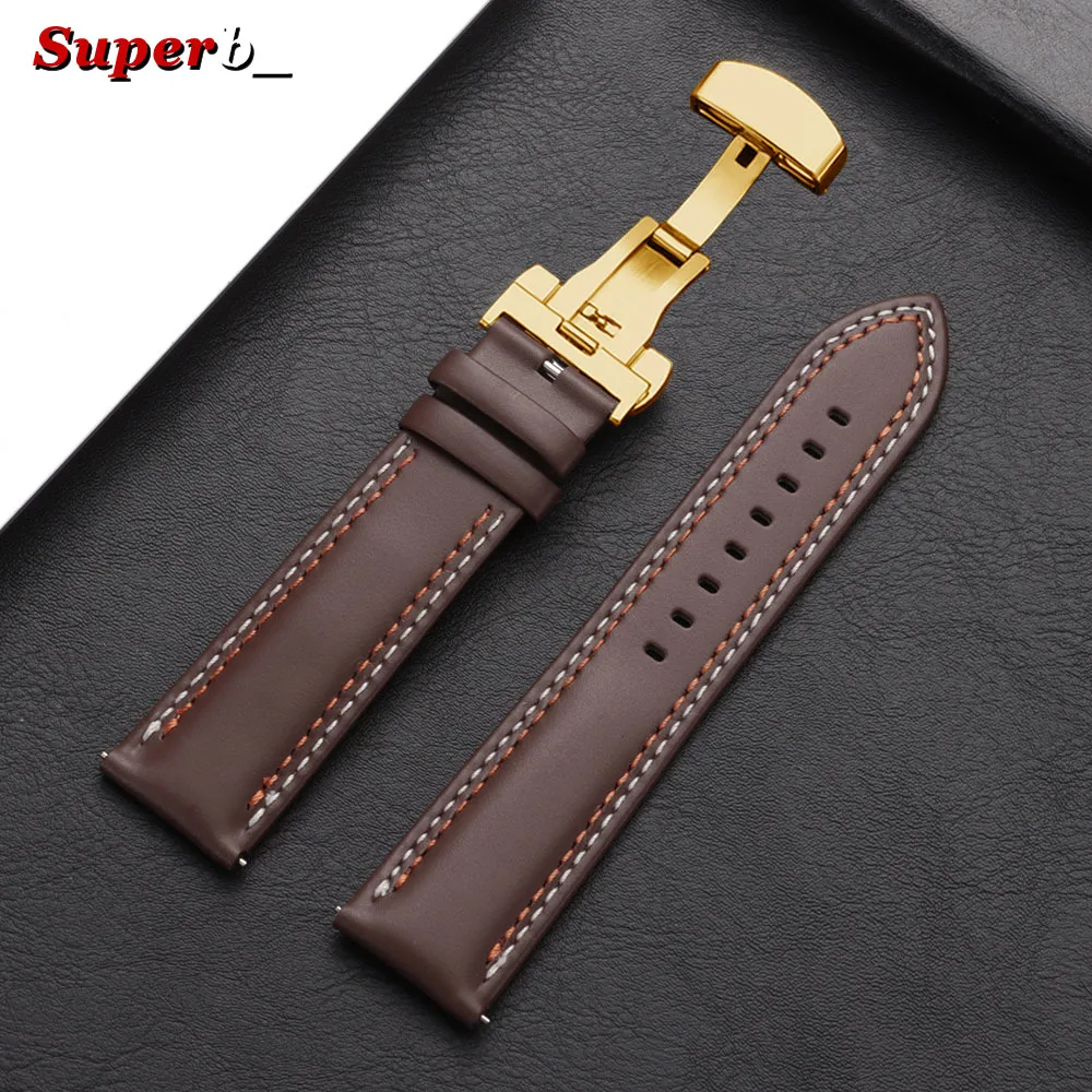 Premium Genuine Calfskin Leather Watch Strap with Butterfly Buckle and Dual Stitching