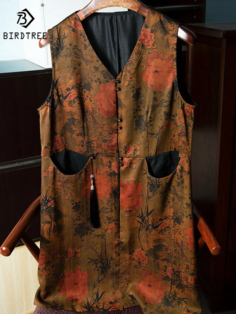 

BirdTree Watered Guaze 100%Real Silk Vest, Women V Neck Flower, Elegant Retro Camisole Coat, 2024 Spring Summer New C41877QM