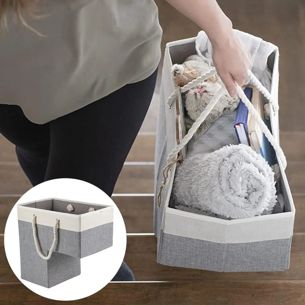Foldable Stair Basket Portable Cotton Rope Handle Heavy Duty Fabric Carpeted Wooden Staircase Storage Organizer Container Holder 3