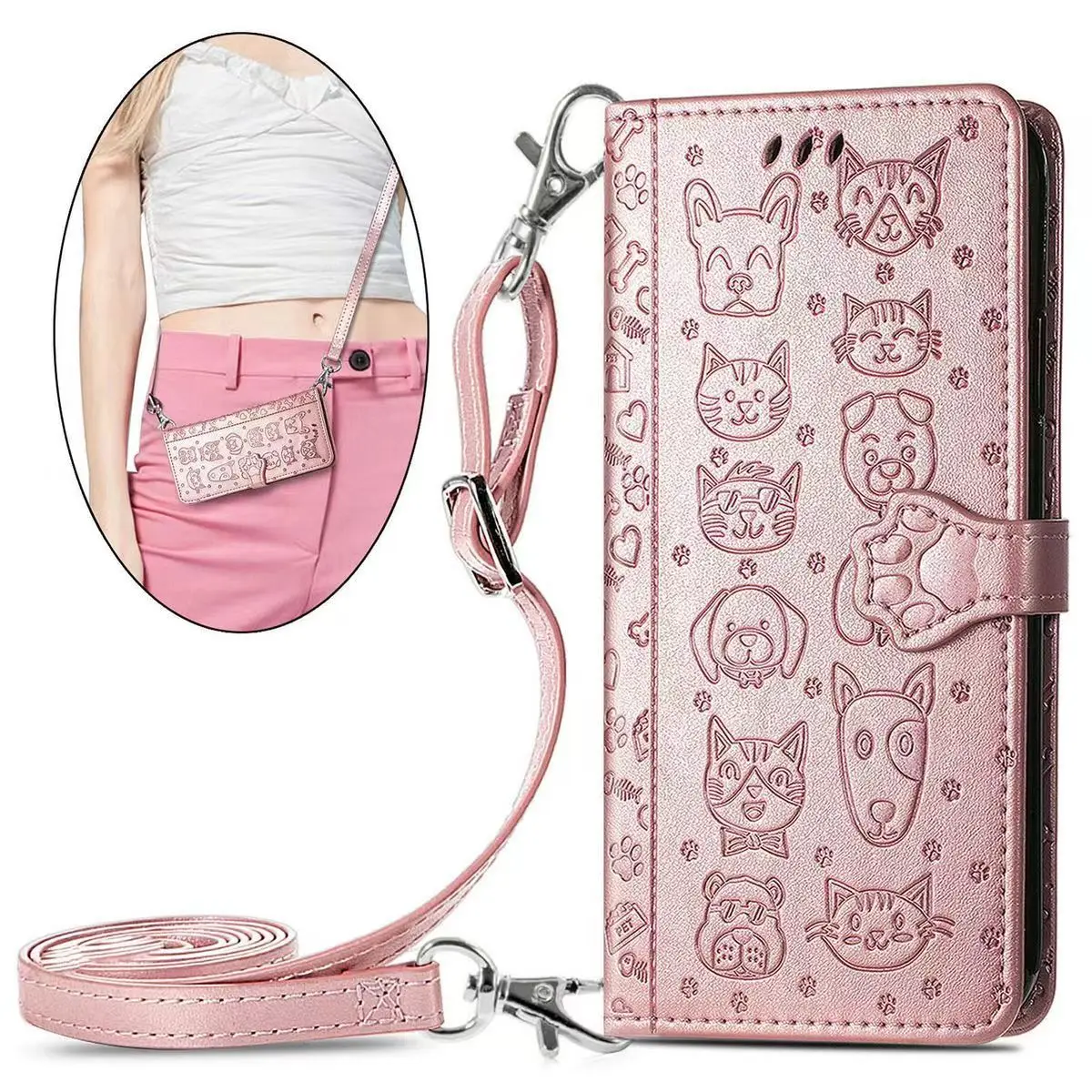 Cute Cat Dog Leather Crossbody Wallet Flip Case with 3 Card Slots