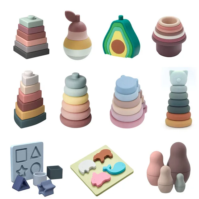 1Set Soft Building Blocks Silicone Stacking Blocks Baby Toy Round Shape Silicone Construction Toy Rubber Teethers Montessori Toy 2