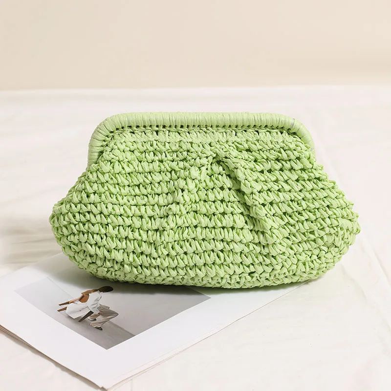 2025 New Women Straw Woven Bag Chain Strap Straw Clutch Purse Large Capacity Stylish Crossbody Bag Solid Color for Summer Beach 5