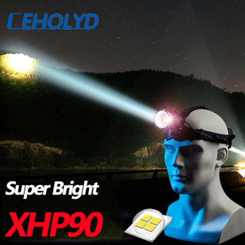 

Most Powerful XHP90 LED Headlight headlamp Head Lamp Power Flashlight headlight 18650 Recharable battery Best For Camping 1600LM