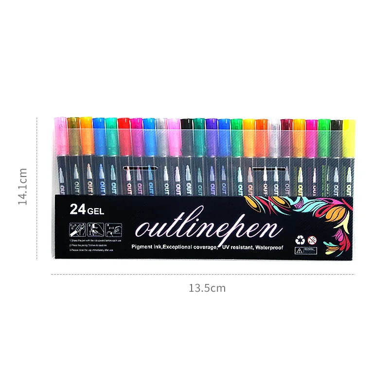 8/12/24Pcs Paint Pen Fluorescent DIY Craft Fade Resistant Outline Double  Line Pen Flash Marker School Supplies Black Pl 