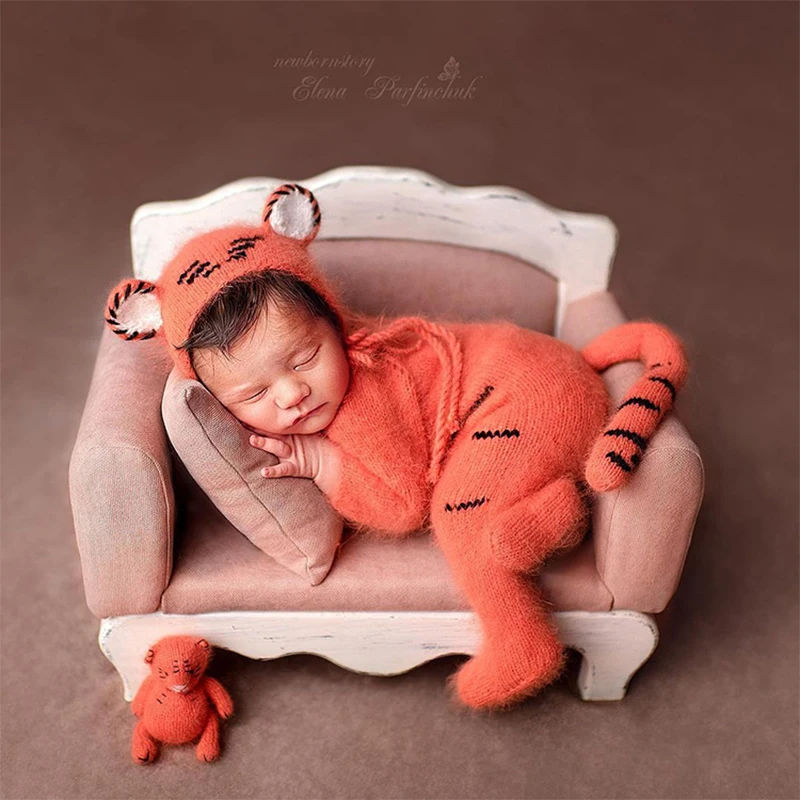 Newborn Photography Props Little Tiger Handmade Knitting Hat Clothing for Baby Photo Shoot Zodiac Shape Suit Accessories