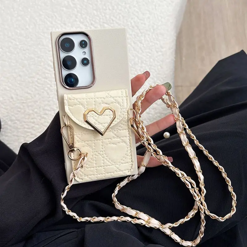 Elegant Heart Leather Wallet Phone Case with Chain Lanyard - Versatile Soft Cover