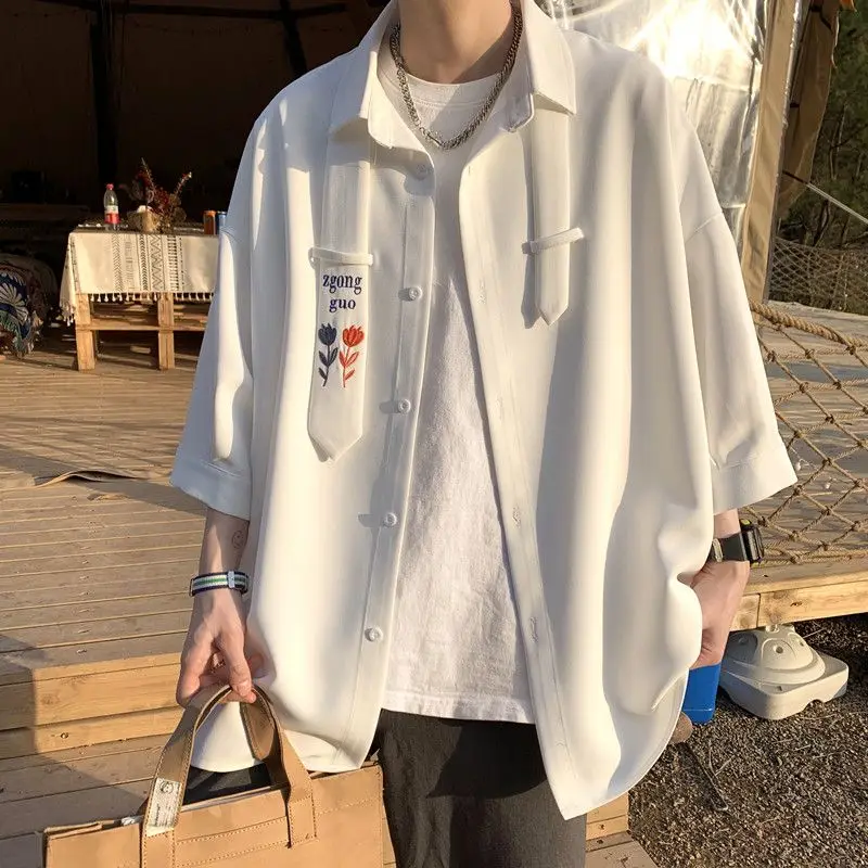 EBAIHUI Tie Short Sleeved Shirt Summer Loose Korean Men Short Sleeve Blouse Dk Flower Embroidery Three-quarter Sleeve Blusas