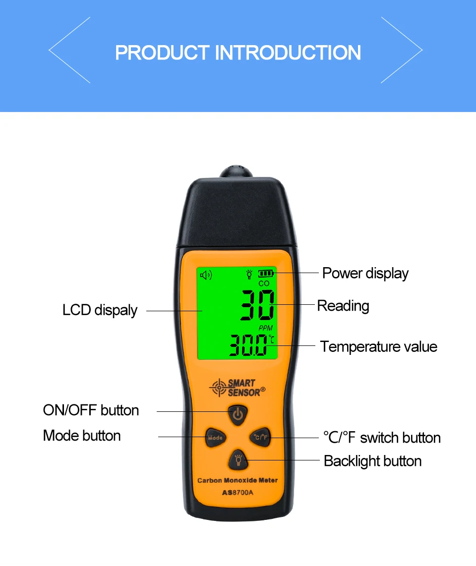 AS8700A Handheld Carbon Monoxide Detector 1000ppm CO Meter LCD Sound and Light A