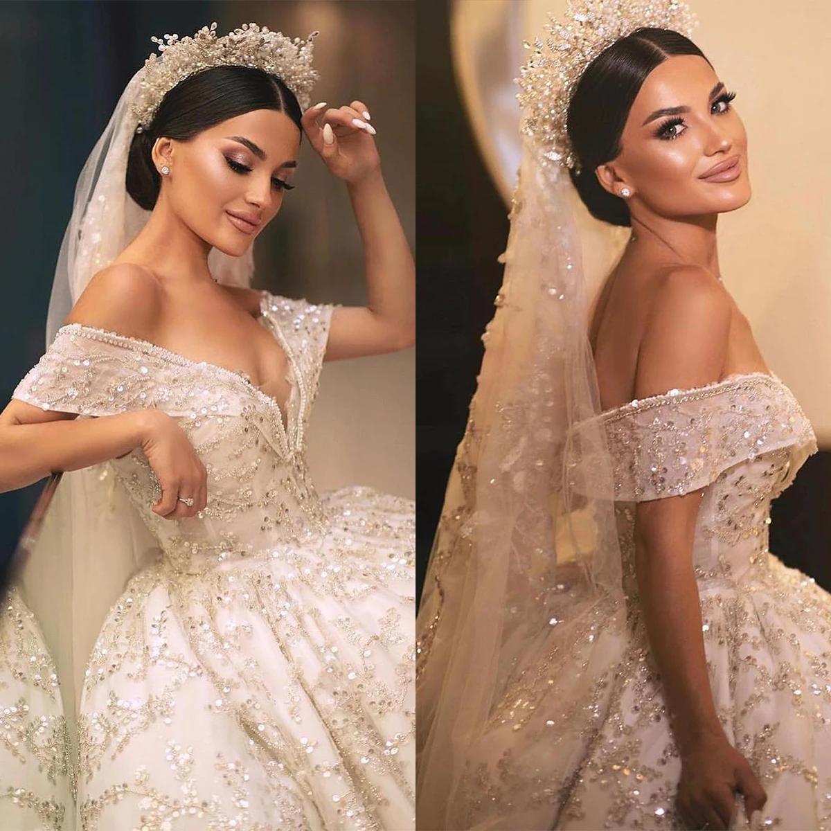 

Luxury Ball Gown Wedding Dress Sweetheart Off The Shoulder Sequins Crystals Beaded Bridal Gowns Custom Made Vestido de novia