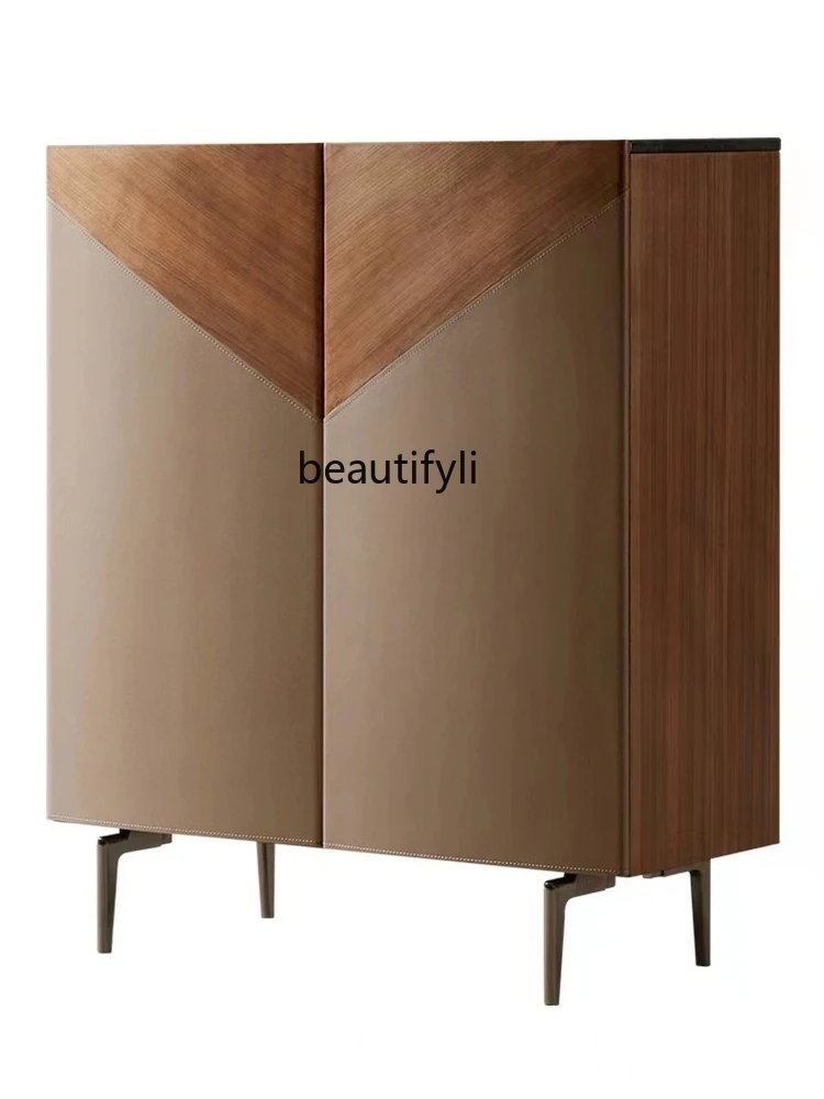 

Italian Minimalist Saddle Leather Sideboard Cabinet High-End Large Flat Marble Entrance Cabinet Solid Wood Cabinet