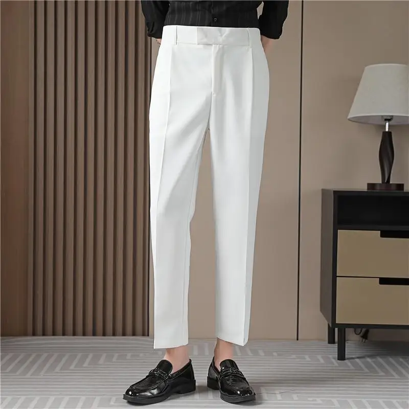 Summer Belt Decoration Casual Pants Men Ankle Length Business Suit Pant Elastic Waistline Straight Trousers Costume Homme