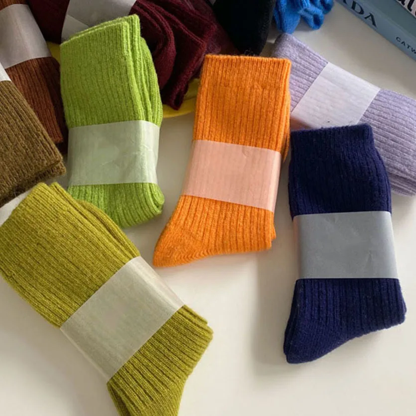 

CHAOZHU Wool Thicken Classic Solid Merino Warm Colors Rib Socks Women High Quality Loose Crew Fashion Japanese Korea Sock Winter