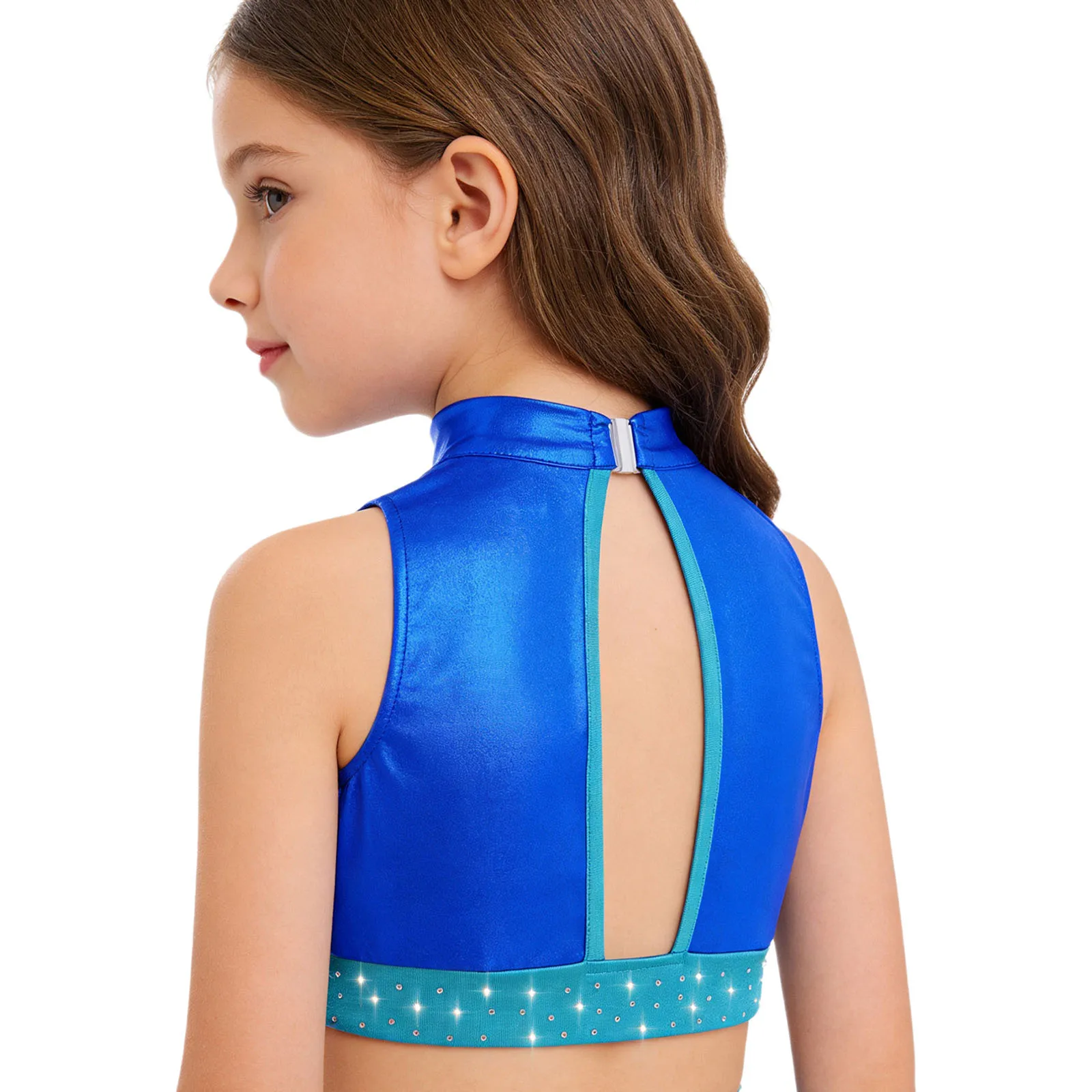 Kinder Mädchen Gymnastik Tanz Tops Praxis Performance Kostüm Stehkragen Ärmellos Ausschnitt Glänzende Strasssteine Metallic Crop Top – Detail 15