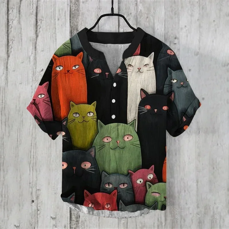 Men's 3D digital printed casual shirt, short sleeved shirt, cute kitten design, 3 buttons, innovative in 2024