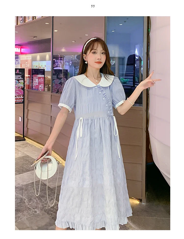 2024 Summer Plus Size Maternity Dress Blue High Waist Ruffles Drawstring  Pregnant Woman Dress Peter Pan Collar Pregnancy Clothes - AliExpress