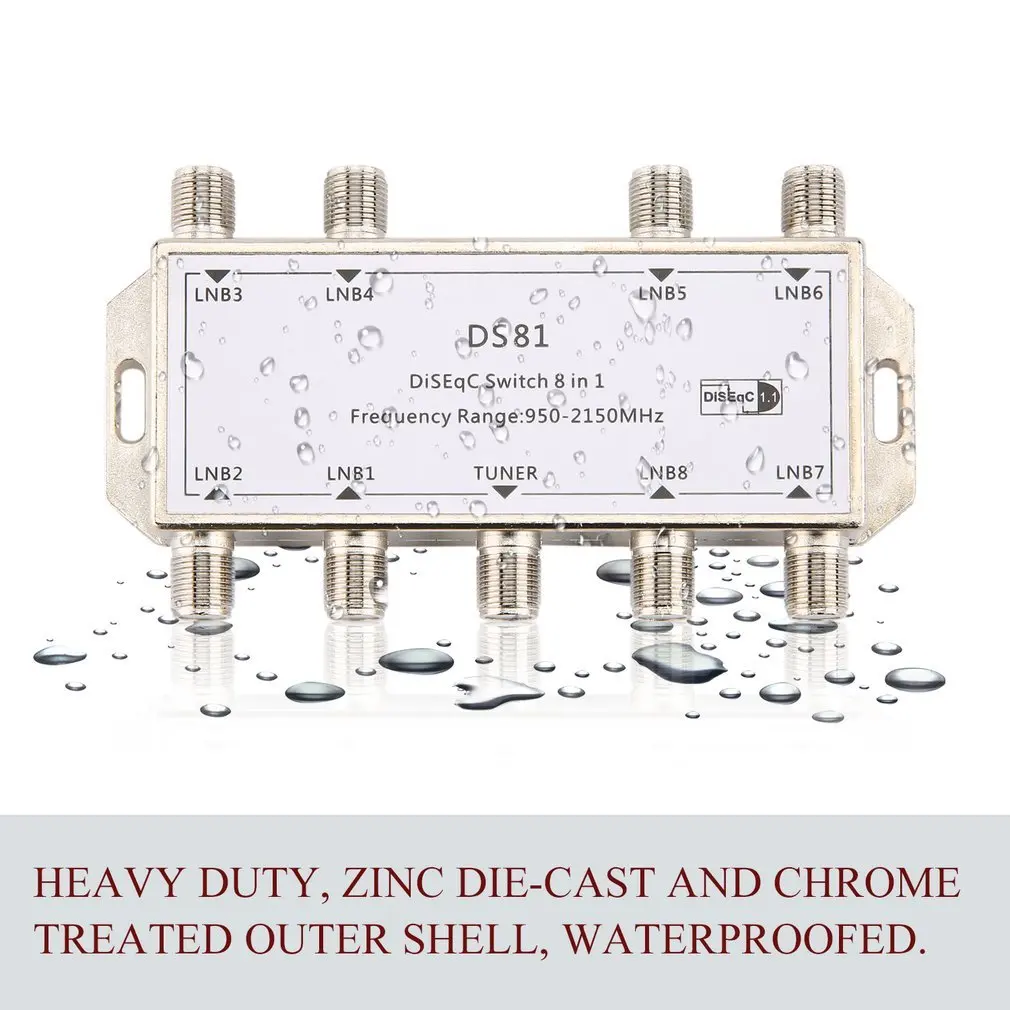 Satellite TV Receiver Satellite TV Switch Satellite LNB Wireless Receiver DS81 8 in 1 Satellite Signal DiSEqC Switch LNB Receiver Multiswitch Heavy Duty Zinc Die-cast Chrome Treated 950-2150MHz