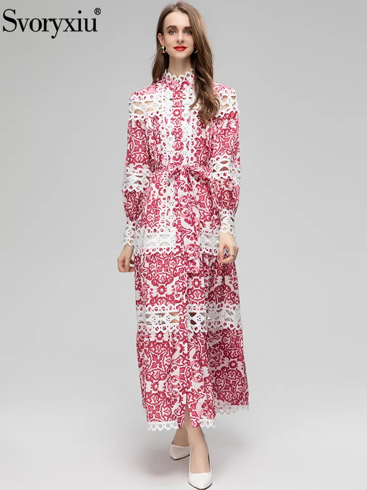 

Svoryxiu Fashion Spring Summer Vintage Print Long Dress Women Stand Collar Hollow Out Lantern Sleeve Belt A-Line Dress