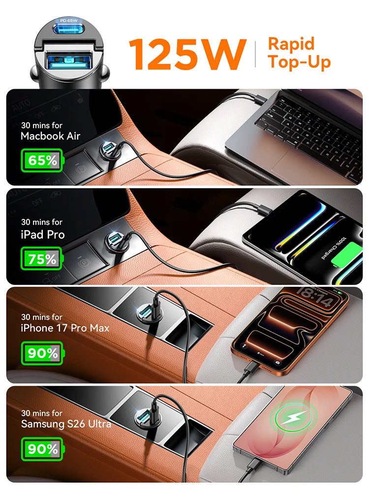 조이룸 125W 풀링 카차저 USB 타입-C 듀얼 고속 포트 고속 충전 미니 차량용 휴대폰 충전기 어댑터 차량용 액세서리 PD QC