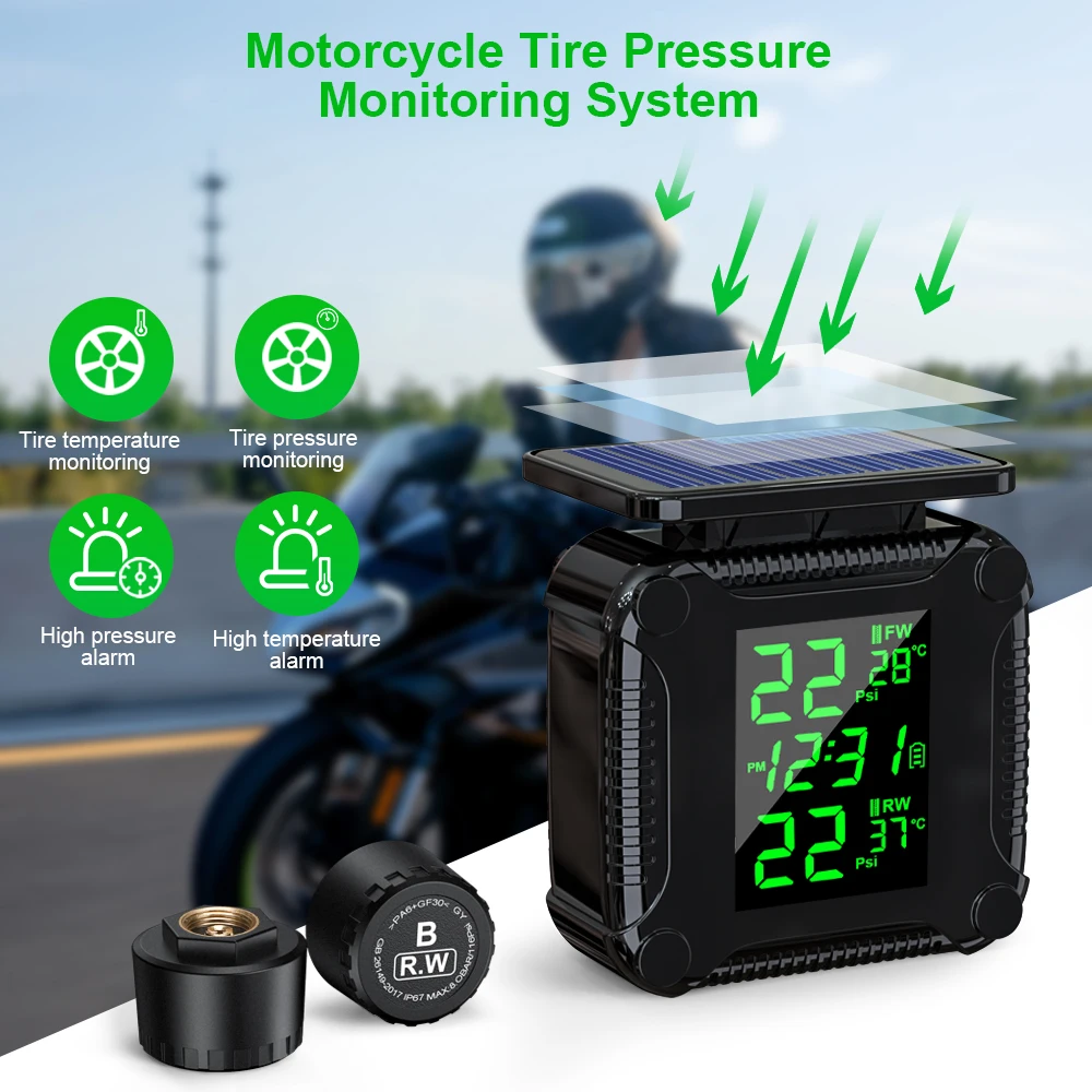 Extractme Tire Pressure Monitoring System Waterproof LCD Display Motorcycle TPMS Solar Charge Tyre Temperature Alarm Sensor