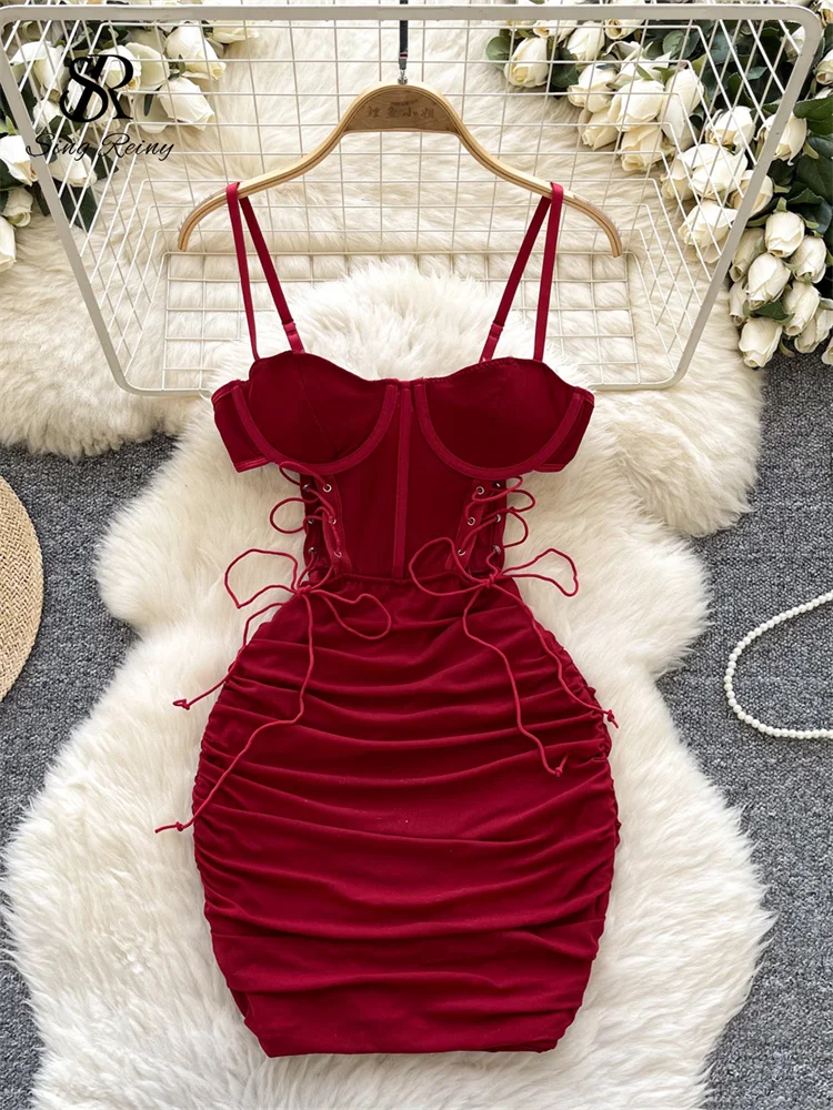 SINGREINY Women Sexy Folds Sheath Dress Sleeveless Bandage Design Slim Dresses Fashion Hollow Out Sensual Camis Club Print Dress 1