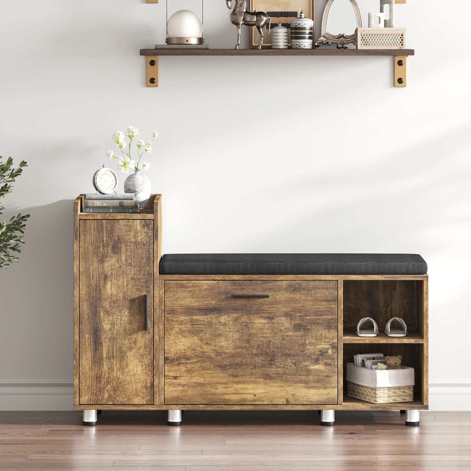 Vabches Shoe Cabinet Shoe Storage Bench with Flip Drawer Entryway Wood Bench with Adjustable Shelf & Removable Seat Cushion