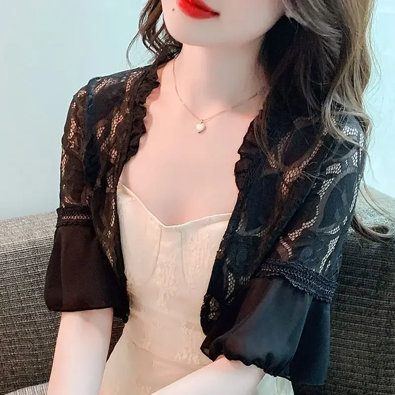 다용도 플레어 슬리브 레이스 숄 여름 얇은 가디건 재킷 여성용 아우터웨어 숄더 베스트 자외선 차단 의류