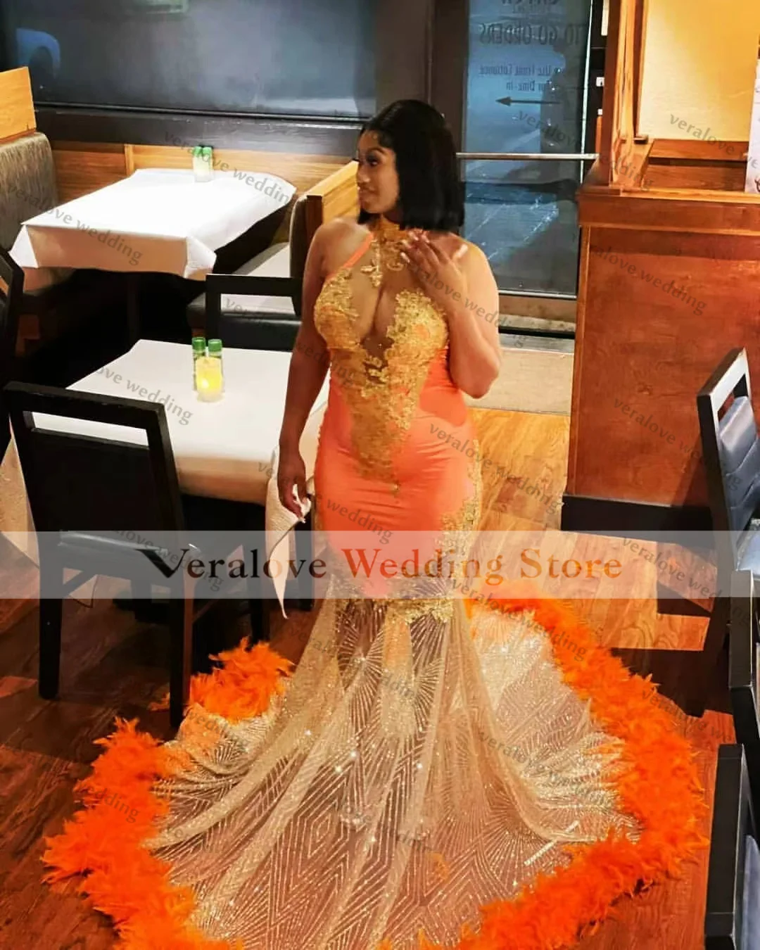 Sparkly Orange Mermaid Evening Dress High Neck Feather Beads Sexy Luxury Prom Gowns Dubai Women Formal Party Gowns hot pink prom dress