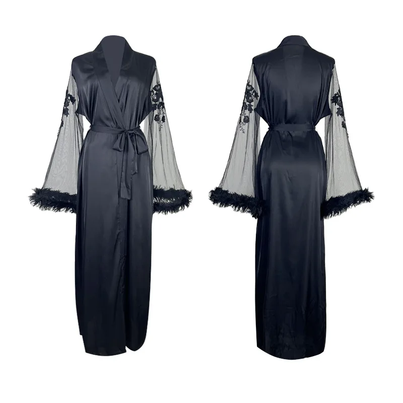 Lace Sleeve Robe Women Satin Flower Patchwork Bathrobe Kimono Gown Long Summer Nightgown Sleepdress Loose Bride Loungewear