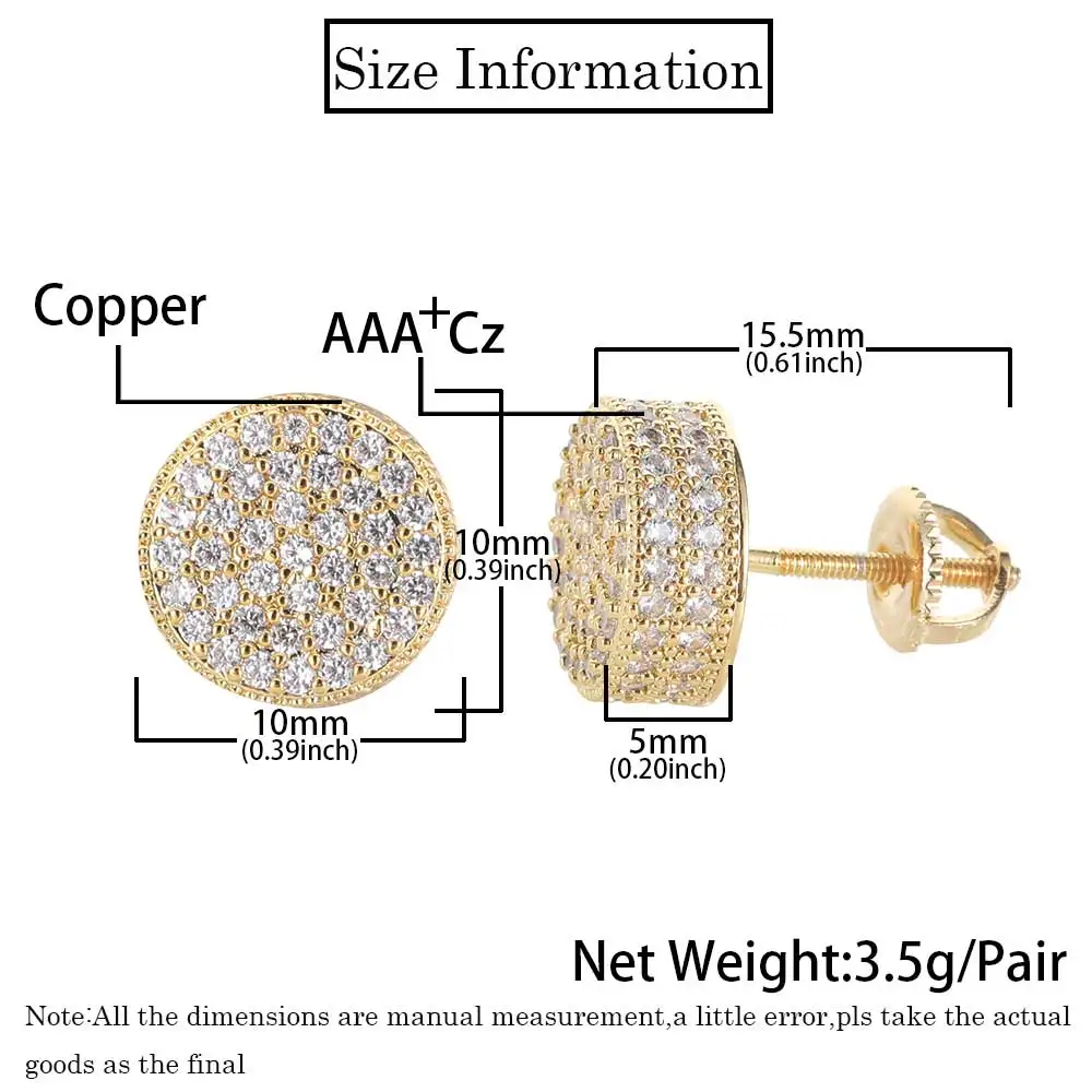 Rock Style Hip-Hop Jewelry Stone Earrings Cubic Zirconia Flat Cylindrical Screw Earrings For Men's And Women's Earrings