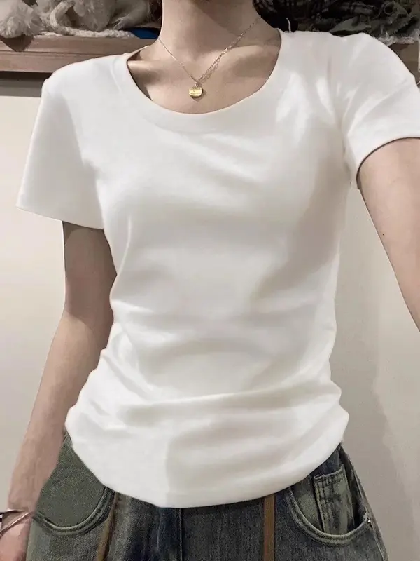Women's Short Sleeve T-Shirt Slim Fit Base Layer Shirt Korean American Pure Desire Design Spicy Girl Top Commute Style Regula