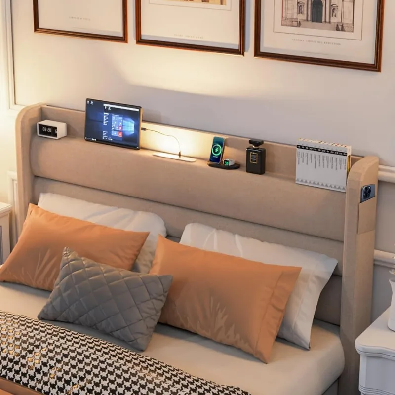 NEW Queen Bed Frame with Charging Station, Type-C & USB Ports and LED Light, Linen Upholstered Bed Frame Queen Size  Beige 3