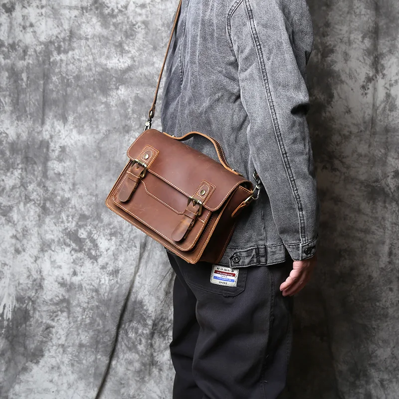 NZPJ Retro Leather Men's Mailman Bag Crazy Horse Men's Bag Top Layer  Cowhide Shoulder  Bag Casual Handbag For 10-Inch IPad