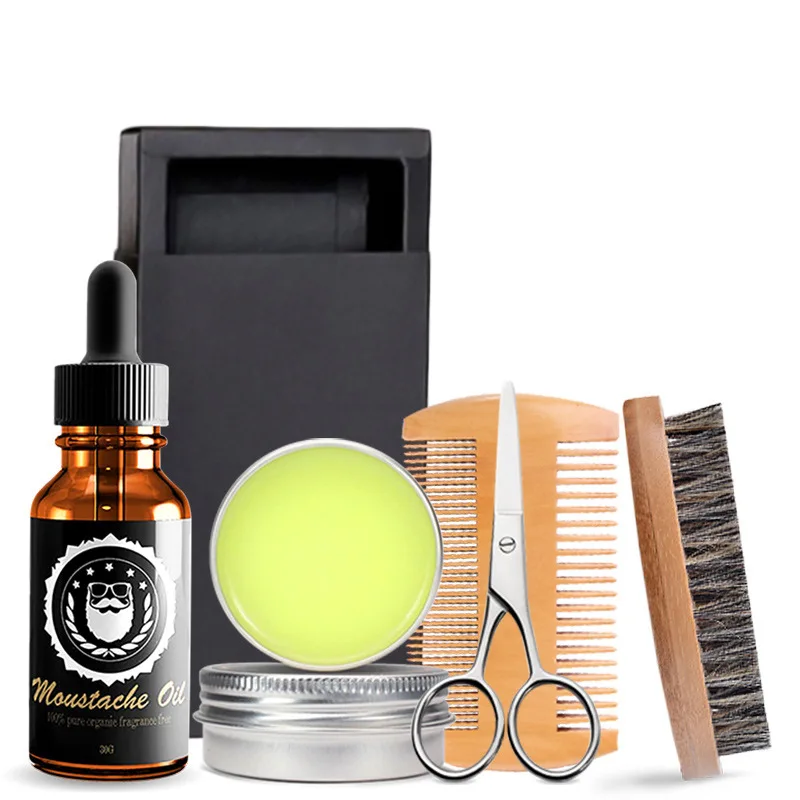 Men's Beard Set 5 Pieces Beard Cream Beard Oil Double Sided Comb Brush Beard Scissors