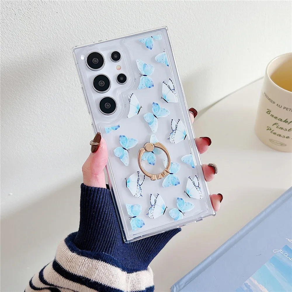 Coque de téléphone transparente en Silicone avec support papillon dégradé, étui pour Samsung S24 S23 Ultra S21FE S20 FE S23FE S22 Plus Note 20_voghion.com