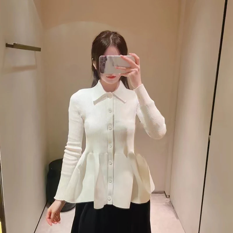 Description Picture 3 of itemFrench Style Knitted Sweater Cardigan Blouse Shirt Spring Autumn Ribbed Knit Collar Pleated Skirt Hem Ladies Women Casual Tops