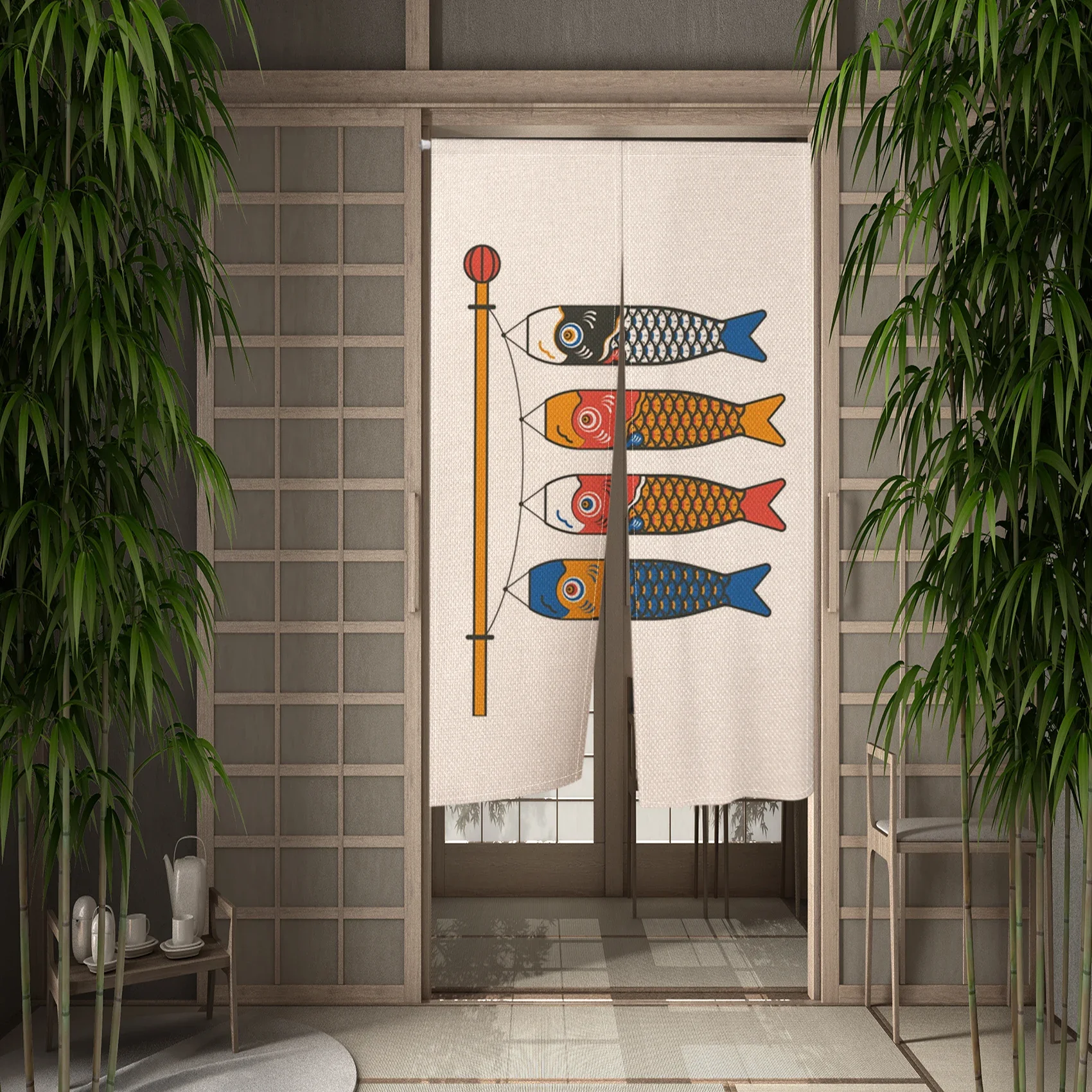 Japanese Cherry Blossom Carp Streamer Corrugated Linen Door Curtain Restaurant Kitchen Partition Customizable Blackout Curtain 5