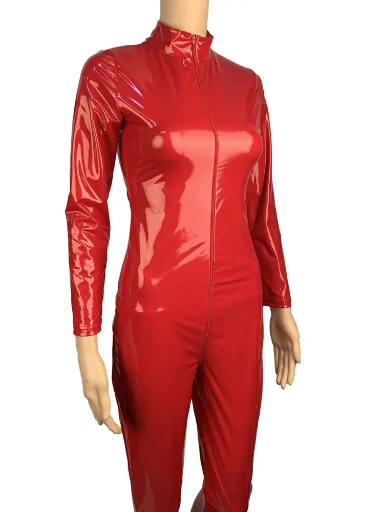 S-5XL Unisex Wet Look PVC Catsuit Shiny PU Leather Two Way Zipper Open Crotch Bodysuit Tights Cosplay Leotard Conjoined Jumpsuit