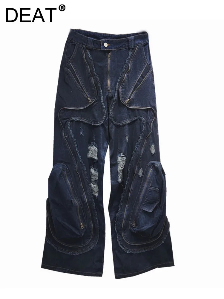 

DEAT Women's Jeans Deconstruct Zippers Pockets Distressed Holes Broken Holes Cargo Denim Pants 2024 Summer New Fashion 29L6825