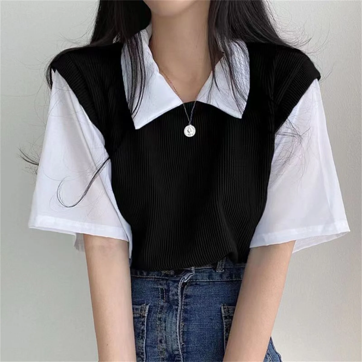 여성용 컬러 블로킹 폴로 칼라 상의, 페이크 투피스 반팔 티셔츠, 레이지 루즈 캐주얼 다목적 블라우스, 아카데미 스타일, 여름