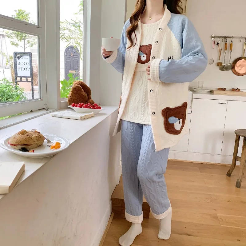 3pcs Sets Autumn Winter Warm Cotton Padded Maternity Nursing Sleepwear Breastfeeding Pajamas Pregnancy Home Lounge Hospital Wear