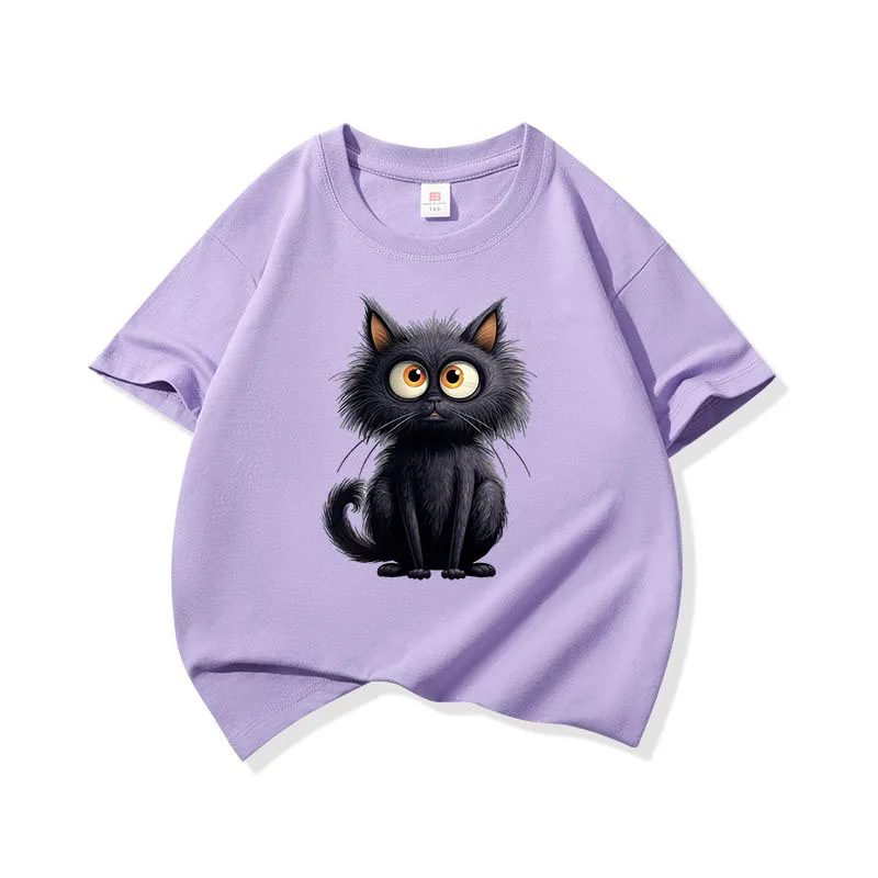 Adorable Black Cat Graphic Kids' Cotton Tee - Soft, Breathable Short Sleeve Shirt