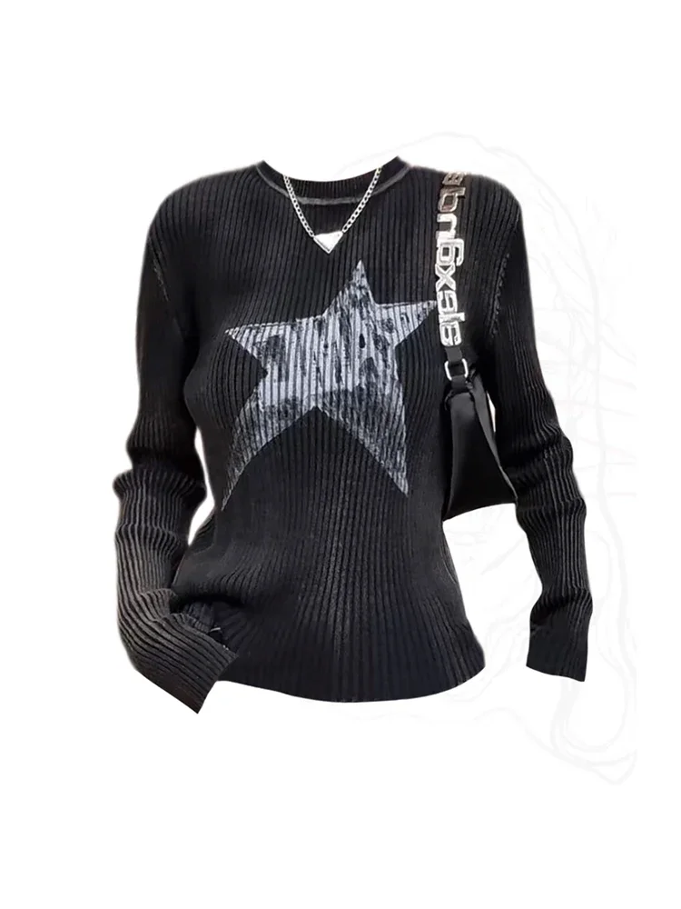 

Black Striped Sweater Women O-Neck Grunge Oversized Knitted Pullover Loose Korean Fashion Casual Jumper Autumn Winter Gothic New