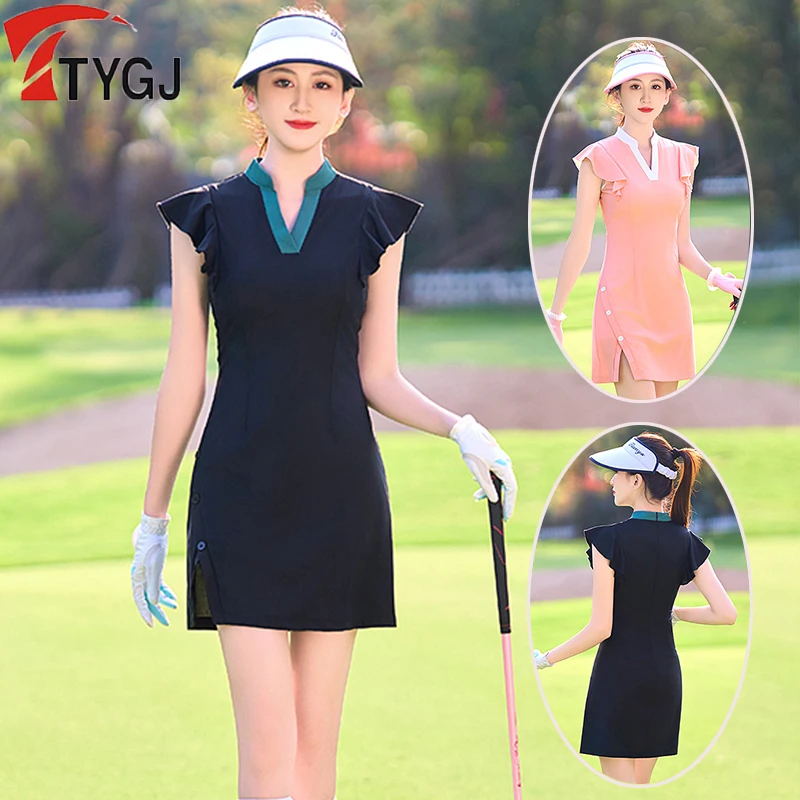

TTYGJ Summer Tennis Golf Sport Dresses Women ruffle sleeve leisure golf dresses Ladies V-Neck Slim Skirts with Inner Shorts