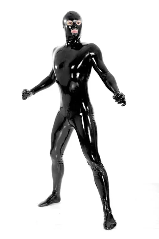 thumbnail image 1 of Traje de gato clásico de látex 100 % negro puro, traje de cuerpo entero, medias de goma, tallas XS a XXL para Halloween, 1 of 4