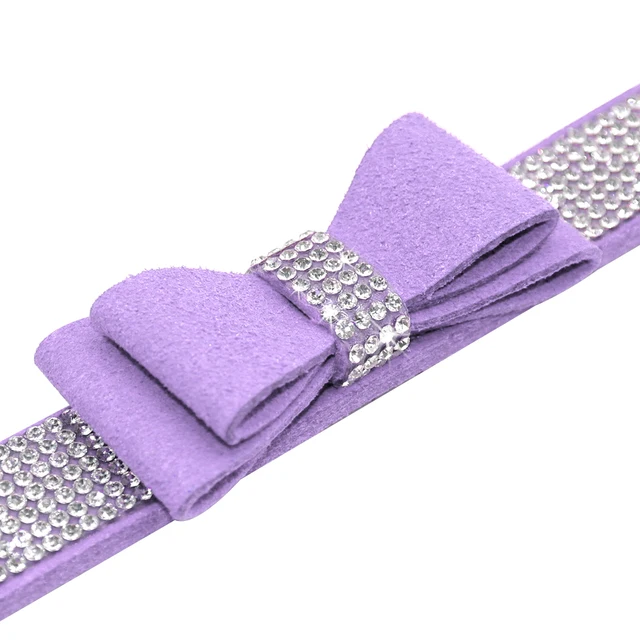 Small Medium Bling Rhinestone Suede Leather Bowknot Accessories Dog Collar Adjustable Pet Puppy Kitten Pug Necklace Collars 4
