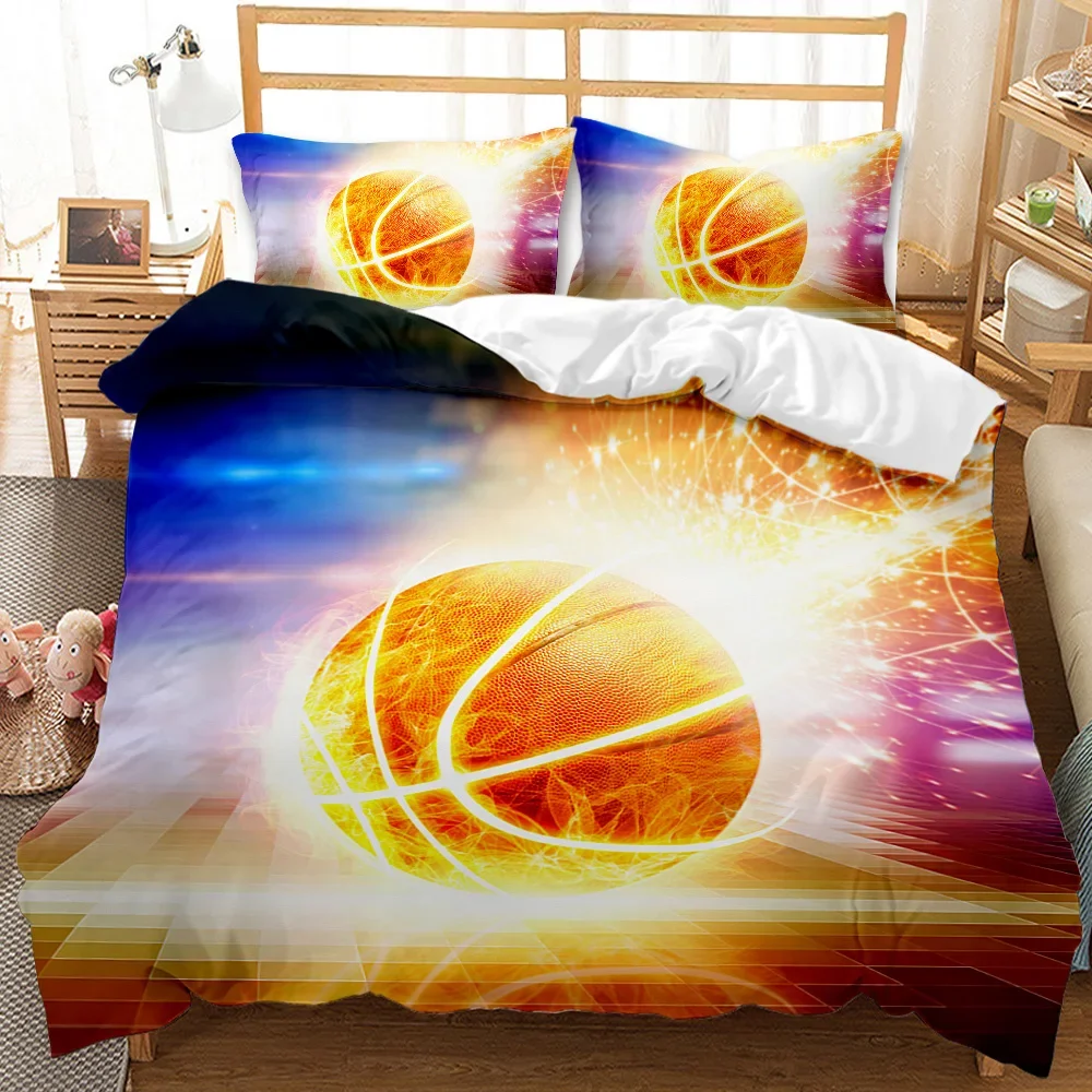 3Pc Fire Basketball Bedding Microfiber Queen/King Size Sports Comforter Set For Teen Boys,2 Pillowcase And 1 Polyester Cover